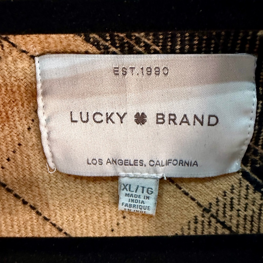 Lucky Brand Plaid Shacket Jacket Oversized Button Front Tan Black XL Cozy - Picture 2 of 8